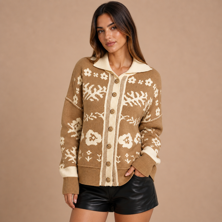 Iziar – Cárdigan de Malha Jacquard com Motivos Florais e Ar Vintage Acolhedor