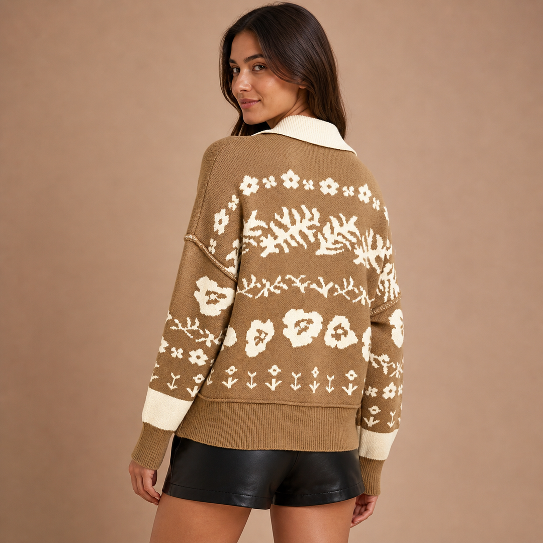 Iziar – Cárdigan de Malha Jacquard com Motivos Florais e Ar Vintage Acolhedor