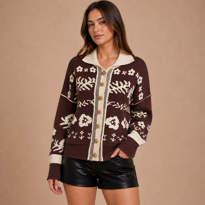 Iziar – Cárdigan de Malha Jacquard com Motivos Florais e Ar Vintage Acolhedor