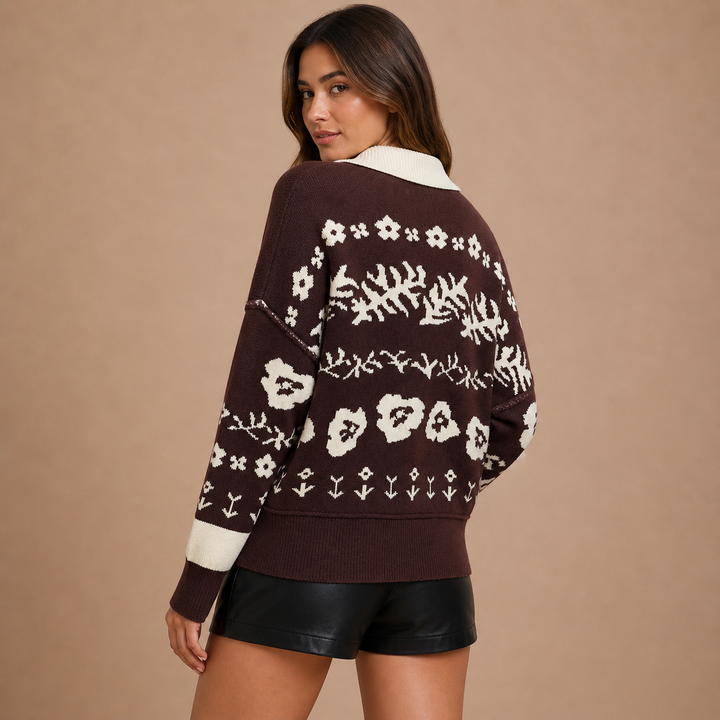 Iziar – Cárdigan de Malha Jacquard com Motivos Florais e Ar Vintage Acolhedor