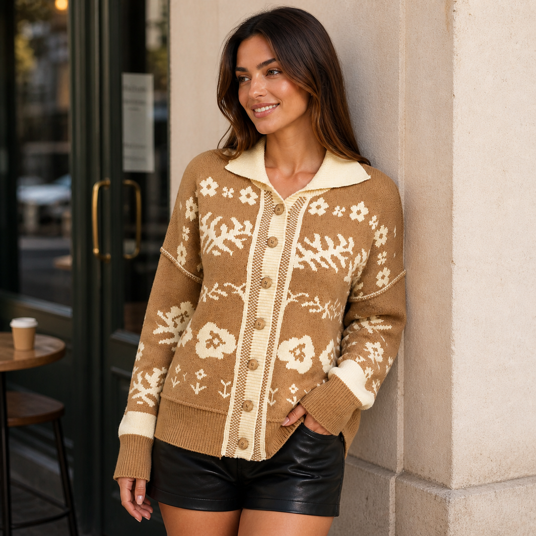Iziar – Cárdigan de Malha Jacquard com Motivos Florais e Ar Vintage Acolhedor