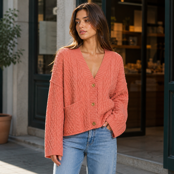 Marisol – Cárdigan de Malha Entrançada Oversize com Essência Clássica Descontraída
