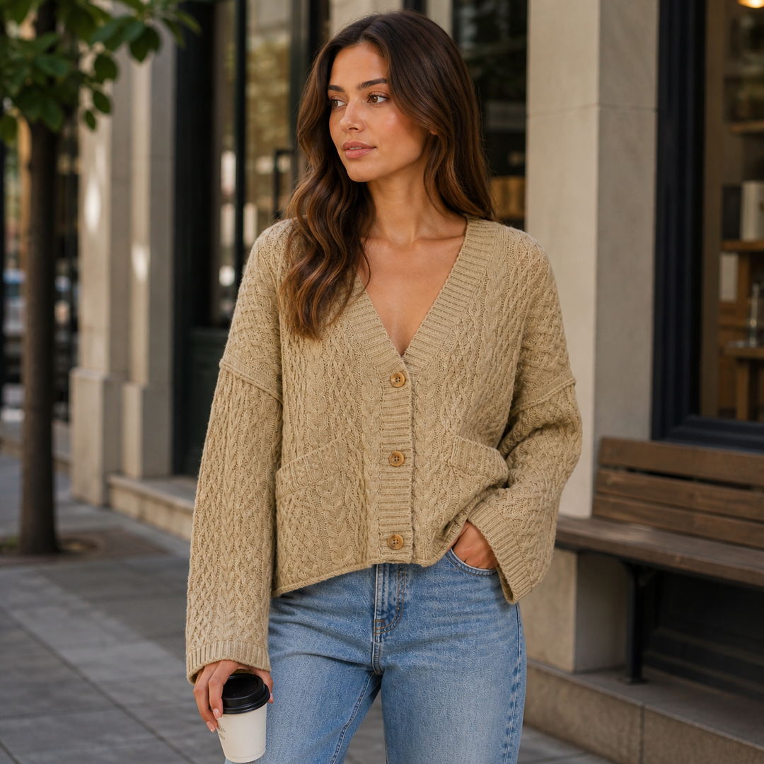 Marisol – Cárdigan de Malha Entrançada Oversize com Essência Clássica Descontraída