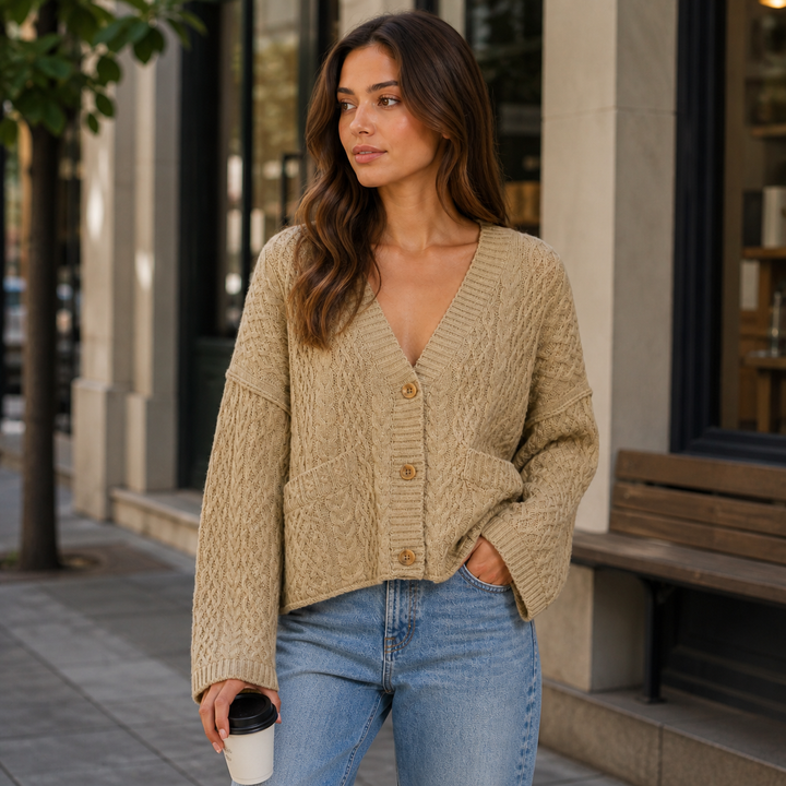 Marisol – Cárdigan de Malha Entrançada Oversize com Essência Clássica Descontraída