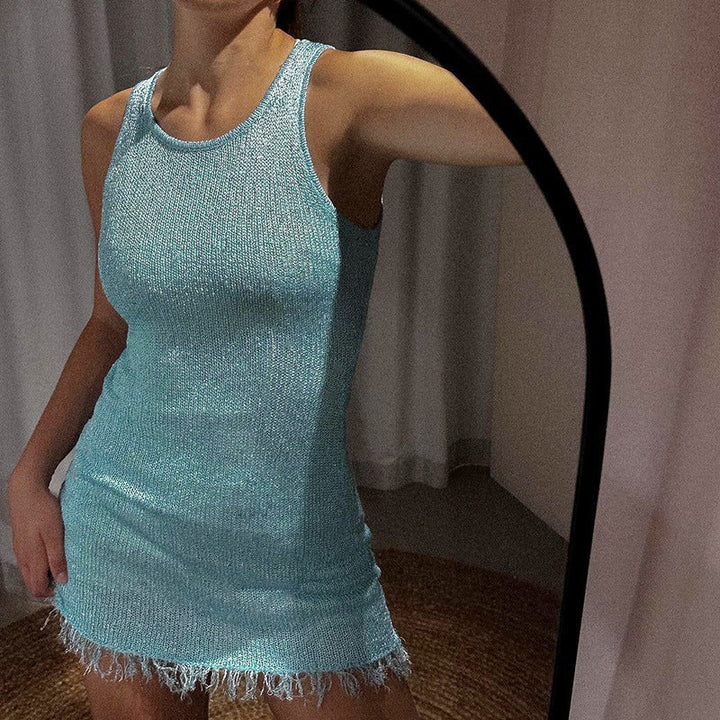 Mini Vestido de Malha com Lantejoulas Transparentes