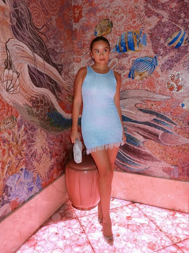 Mini Vestido de Malha com Lantejoulas Transparentes