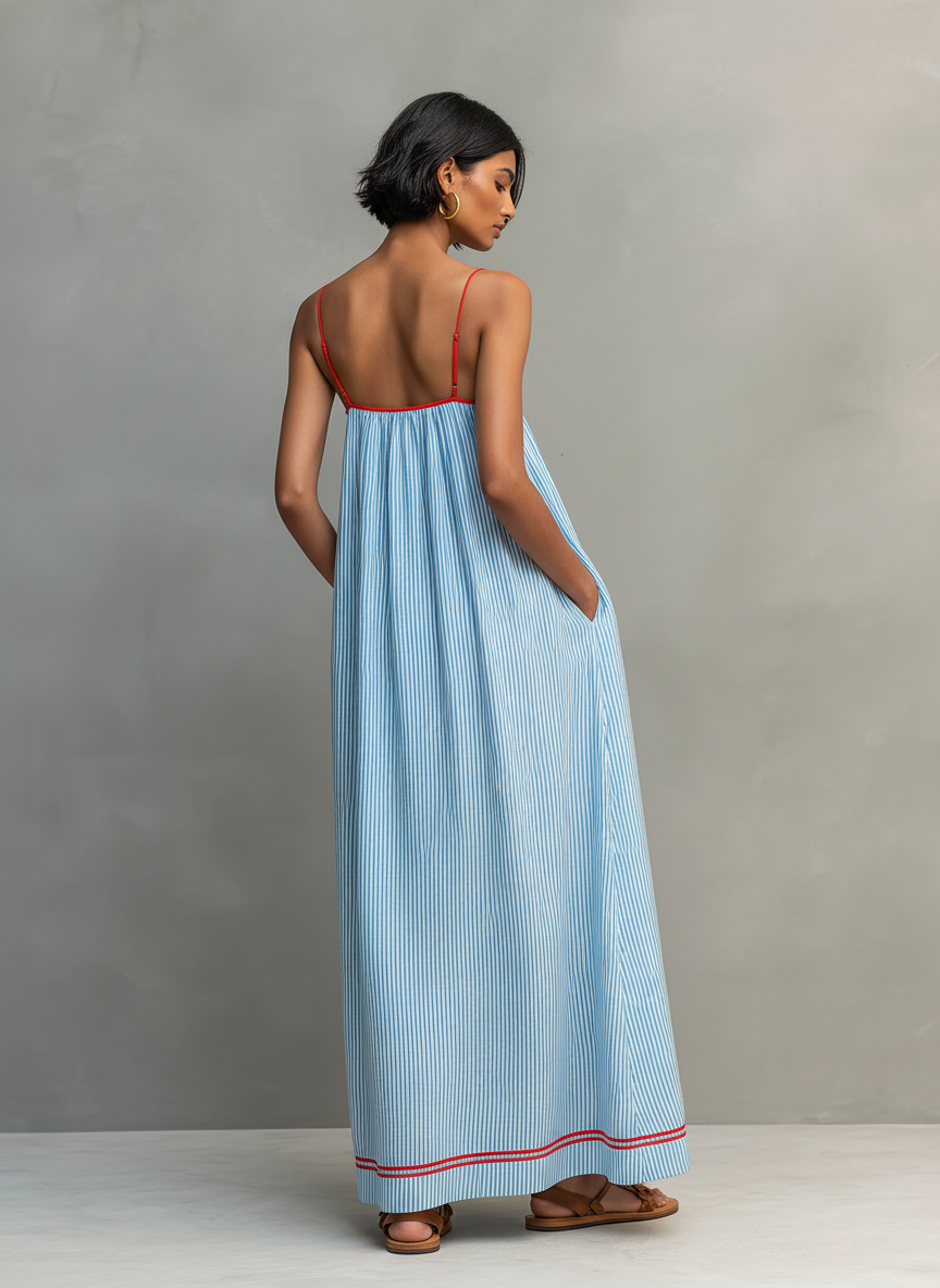 Filipa | Vestido de Riscas com Acabamento Vermelho e Alças Finas
