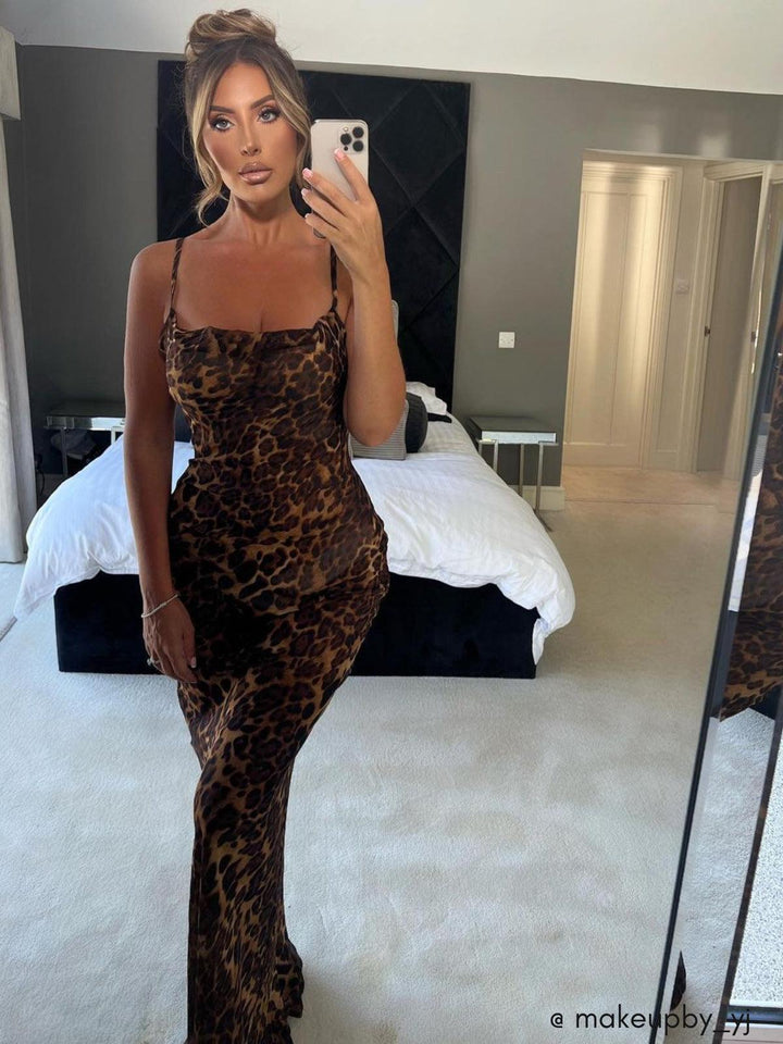 Maxi Vestido de Alças Finas com Estampa de Leopardo Melany