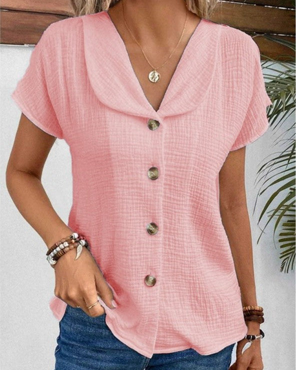 Blusa de Manga Curta com Botões e Colarinho