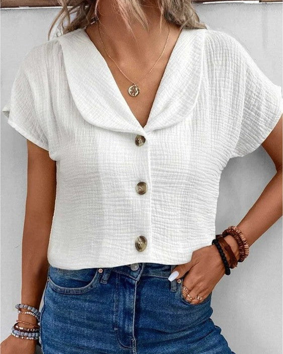 Blusa de Manga Curta com Botões e Colarinho