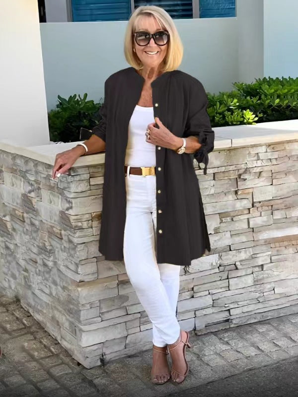 Blusa Longa Abotoada com Costas Plissadas e Mangas com Laço