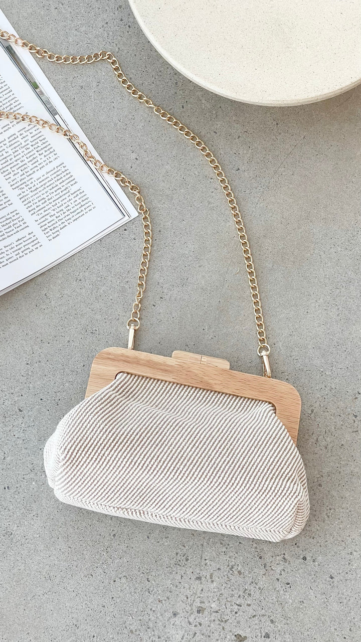 Clutch de Madeira com Tecido Tessa - Camelo e Natural