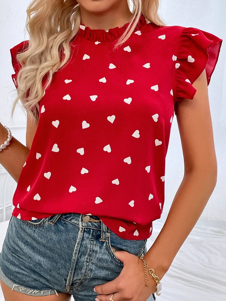 Top de Gola Alta com Mangas com Folhos e Estampado de Corações