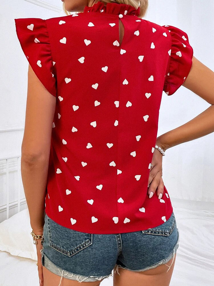 Top de Gola Alta com Mangas com Folhos e Estampado de Corações