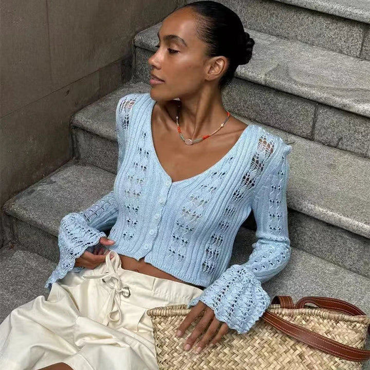 Casaco de Crochet de Manga Comprida com Decote em V