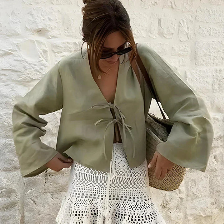 Blusa de Manga Comprida com Decote em V e Cordões