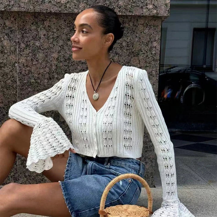 Casaco de Crochet de Manga Comprida com Decote em V