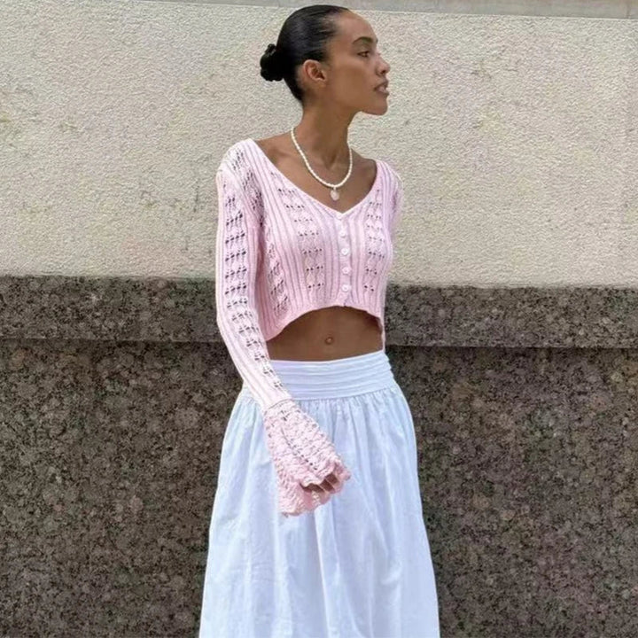 Casaco de Crochet de Manga Comprida com Decote em V