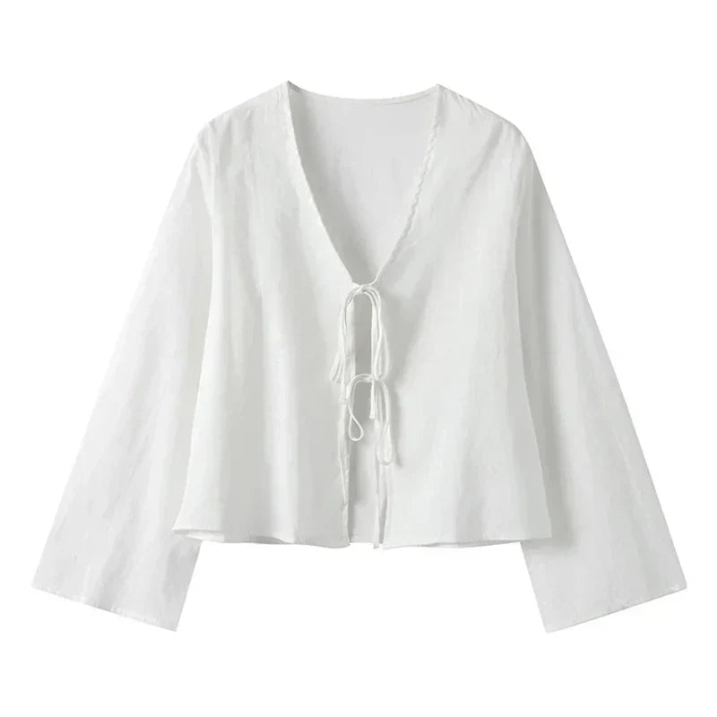 Blusa de Manga Comprida com Decote em V e Cordões