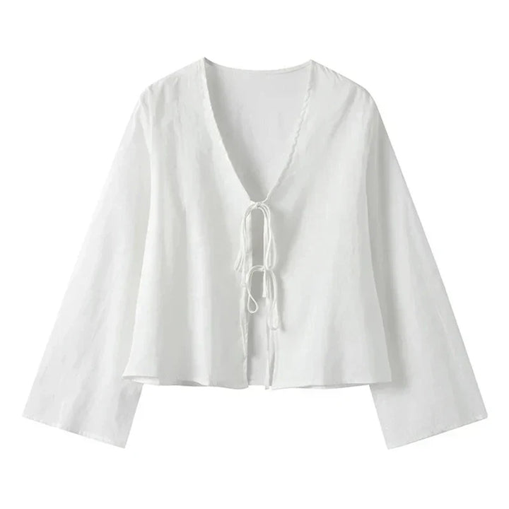 Blusa de Manga Comprida com Decote em V e Cordões