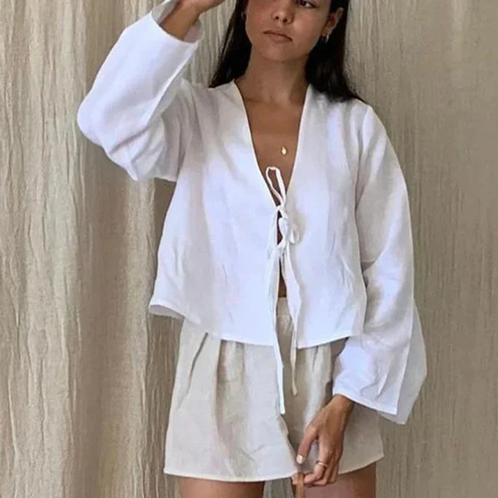 Blusa de Manga Comprida com Decote em V e Cordões