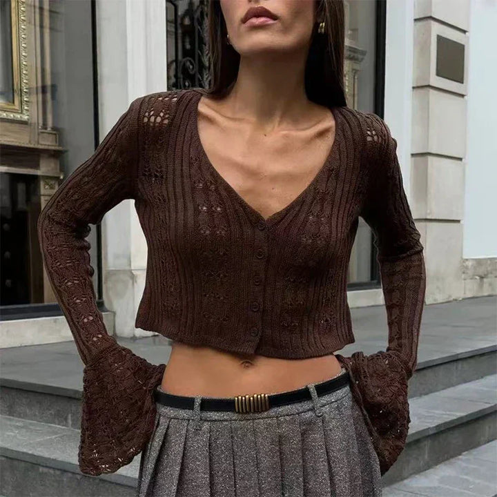 Casaco de Crochet de Manga Comprida com Decote em V
