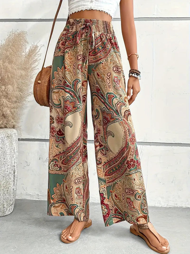 Calças de Perna Larga de Cintura Alta com Estampado Paisley