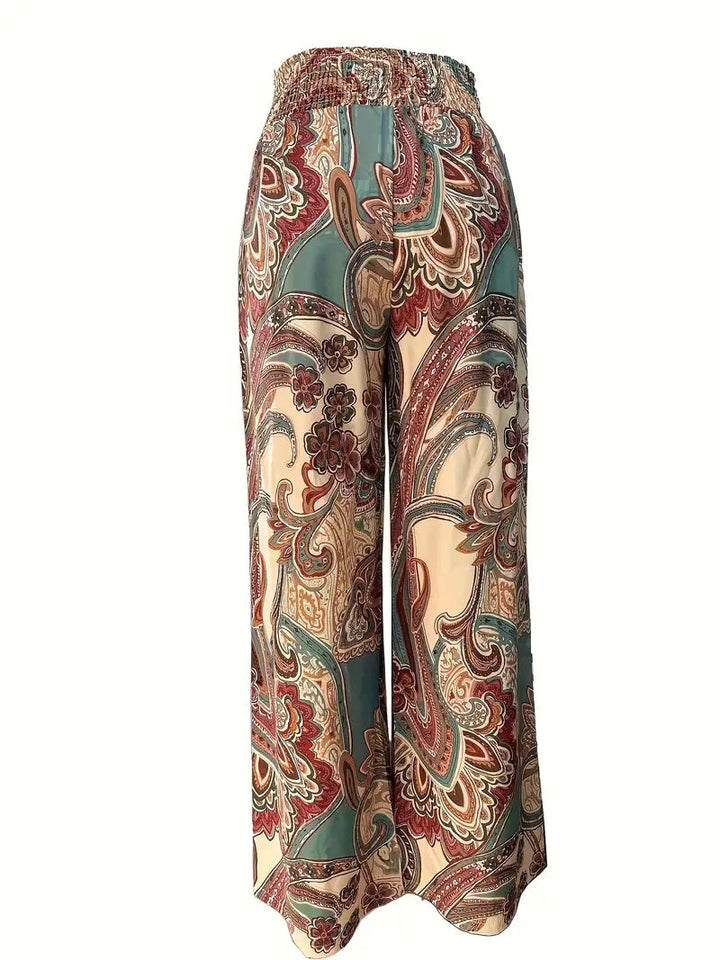 Calças de Perna Larga de Cintura Alta com Estampado Paisley