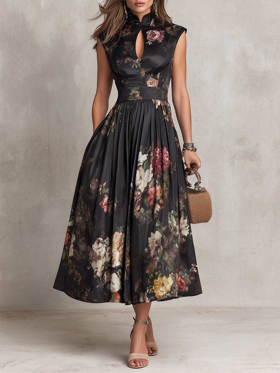 Vestido Midi Cetim | Plissado Floral