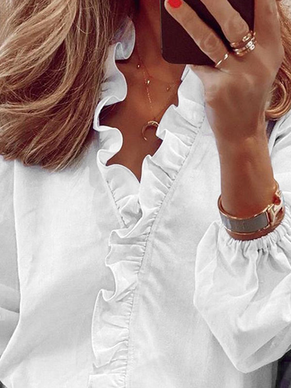 Blusa de Manga Comprida com Decote em V, Folhos e Mangas Bufantes