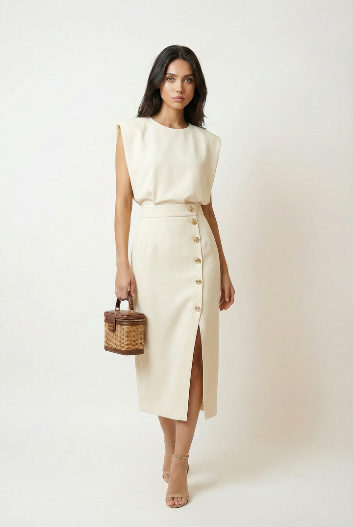 Vestido Midi Sem Mangas com Detalhe em Botões