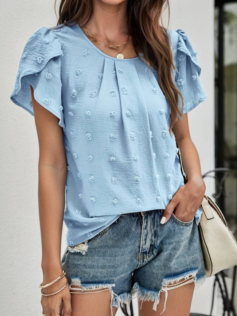 Blusa Elegante de Pintas Suíças com Mangas Pétala
