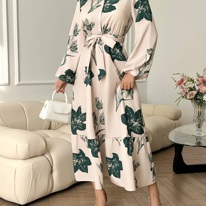 Flora - Vestido Longo Floral com Cinto e Mangas Compridas