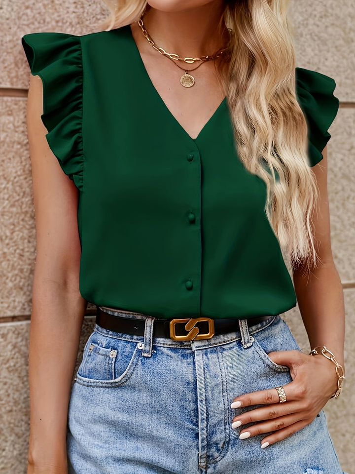 Blusa Sem Mangas com Decote em V, Botões e Folhos
