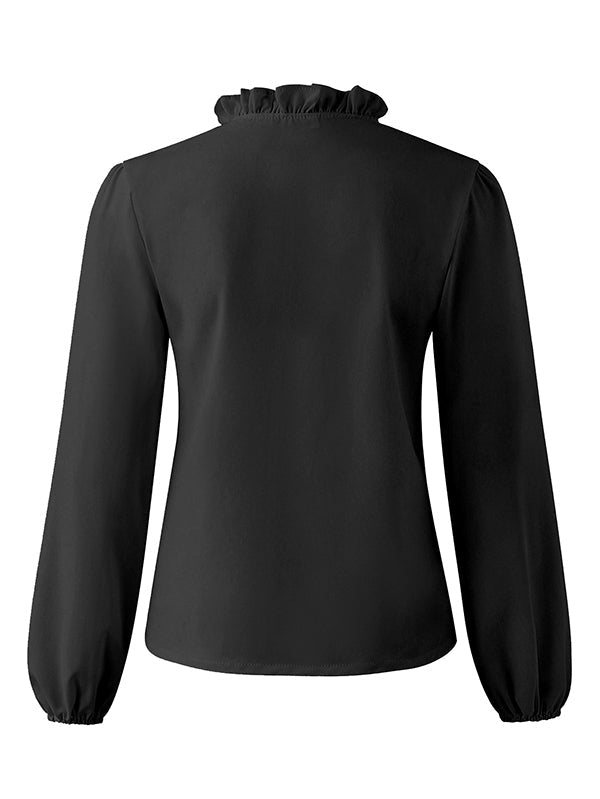 Blusa de Manga Comprida com Decote em V, Folhos e Mangas Bufantes