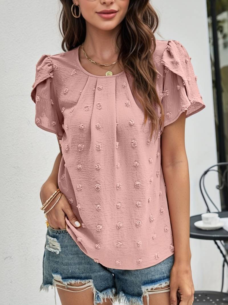 Blusa Elegante de Pintas Suíças com Mangas Pétala
