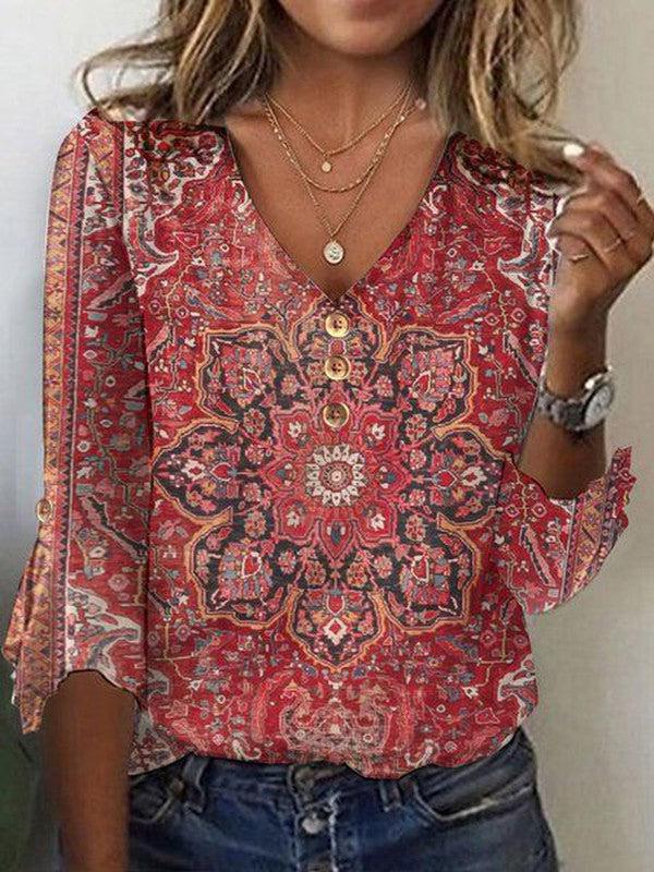 Blusa Floral com Decote em V e Mangas Soltas