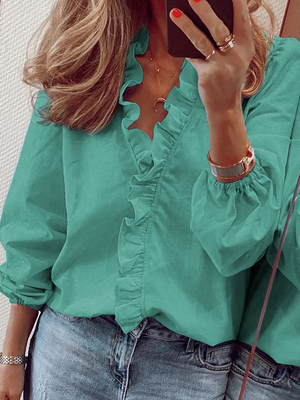 Blusa de Manga Comprida com Decote em V, Folhos e Mangas Bufantes