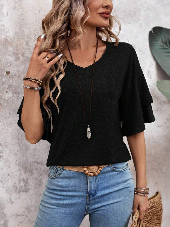 Blusa com Decote em V e Mangas com Folhos