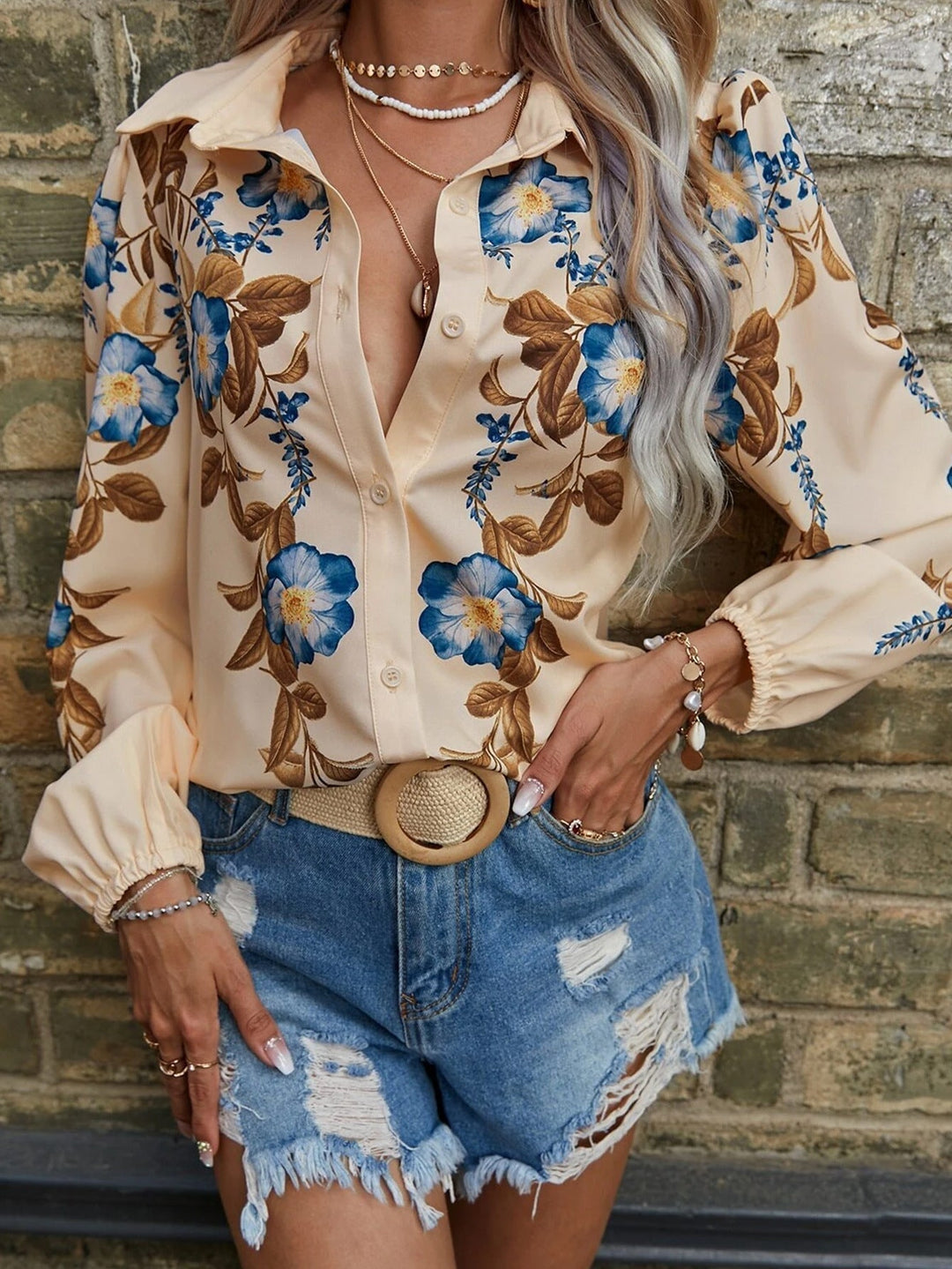 Blusa de Manga Comprida com Botões e Estampado Floral
