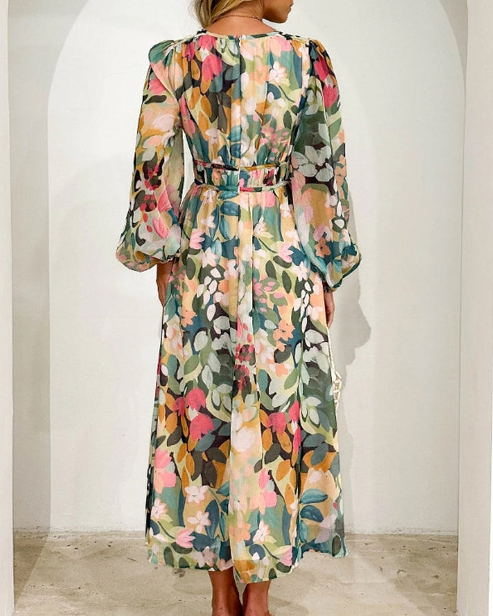 Liria - Vestido Maxi Floral com Mangas Compridas e Decote em V