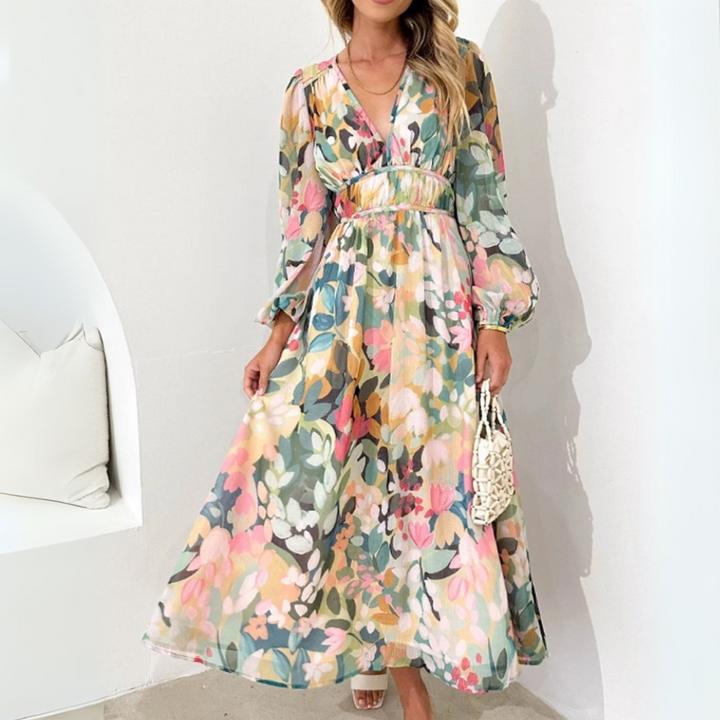 Liria - Vestido Maxi Floral com Mangas Compridas e Decote em V