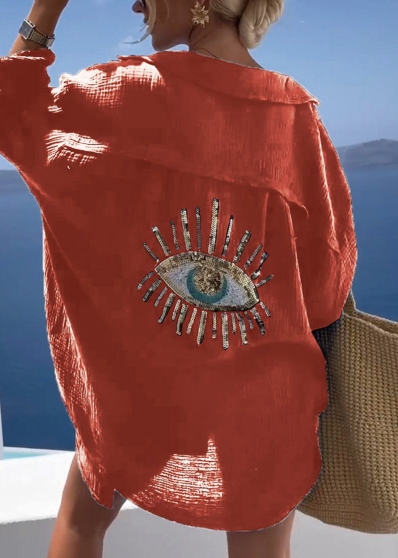 Camisa Folgada de Manga Comprida com Bordado nas Costas