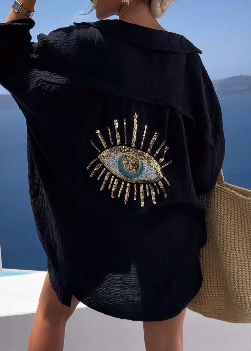 Camisa Folgada de Manga Comprida com Bordado nas Costas