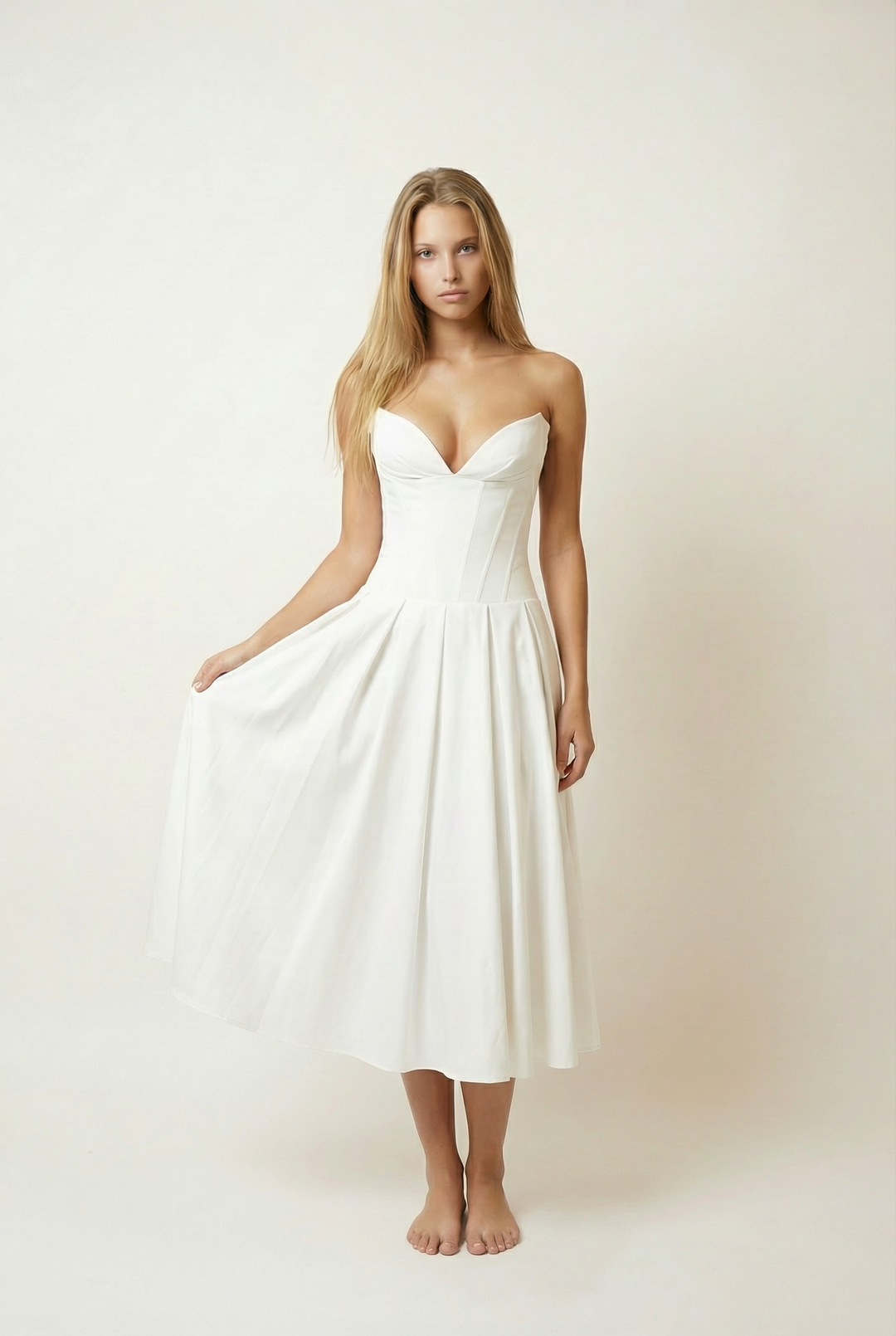 Vestido Midi com Corpete Estruturado - Sem Alças