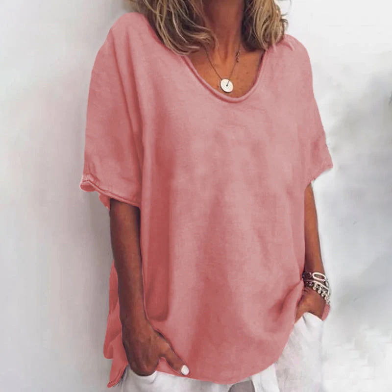 Blusa Folgada com Decote Redondo e Mangas Enroladas