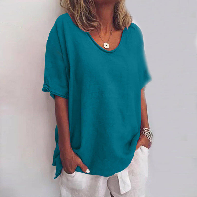 Blusa Folgada com Decote Redondo e Mangas Enroladas