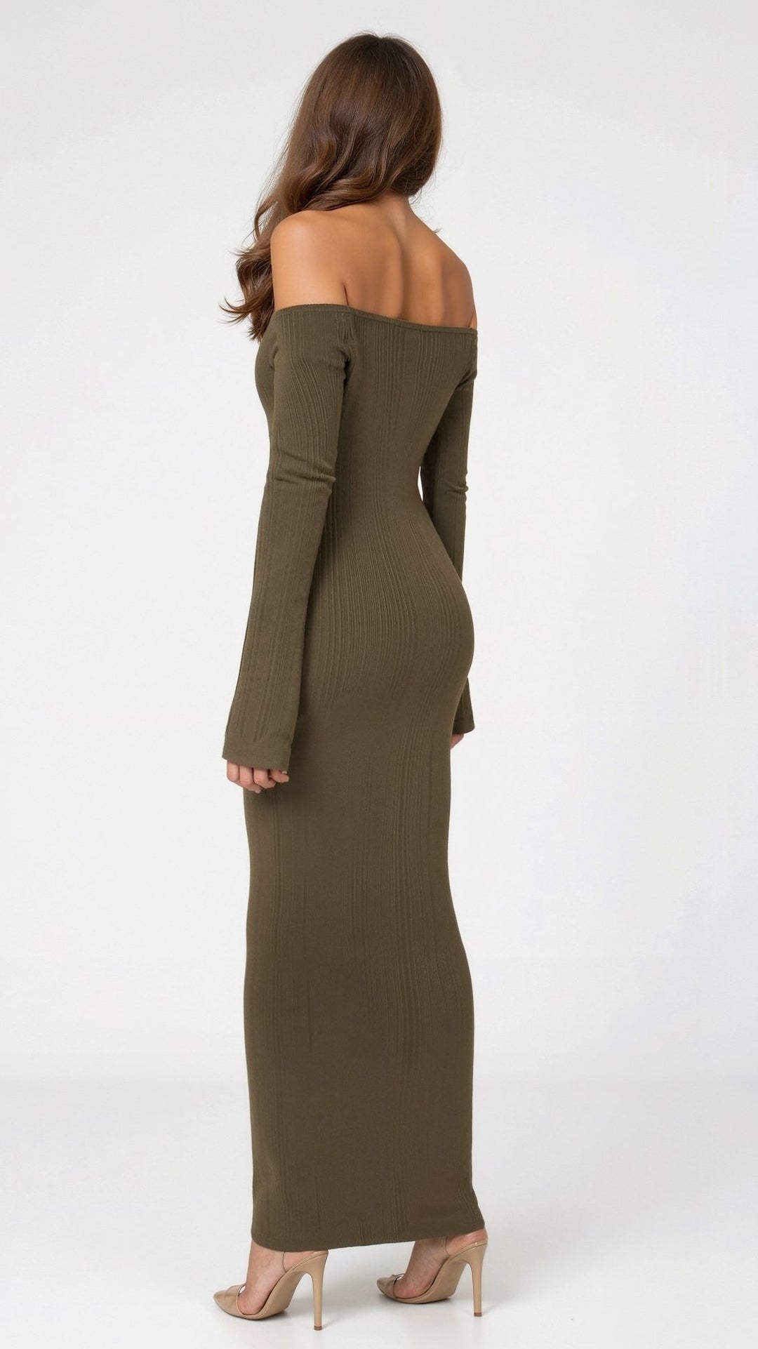 Vestido Maxi Canellado com Ombros Expostos