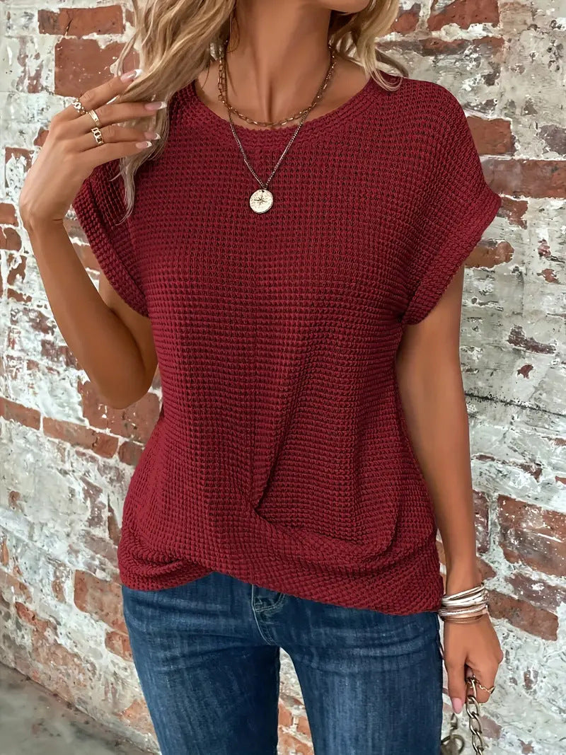 Blusa Texturada de Manga Curta com Botões e Corte Clássico