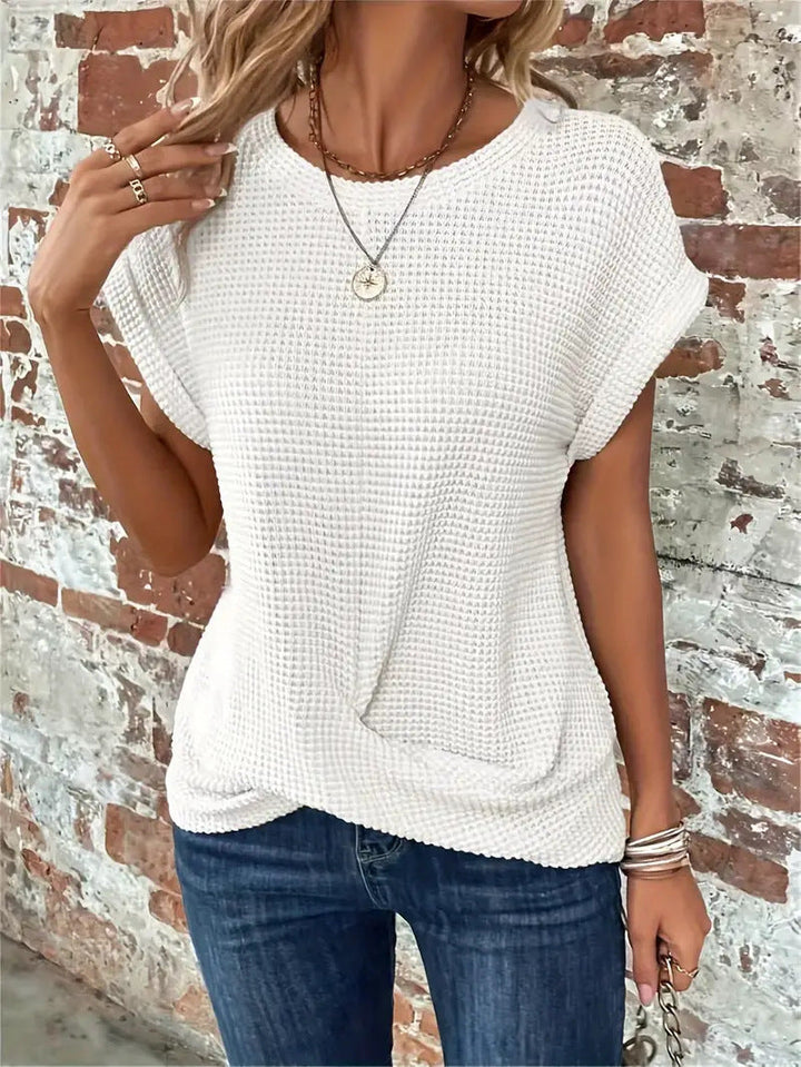Blusa Texturada de Manga Curta com Botões e Corte Clássico